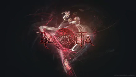 HD PC desktop wallpaper of Bayonetta (video game character) with a dark background, glowing red sigil, the stylized Bayonetta logo and the witch poised in a dynamic airborne stance.
