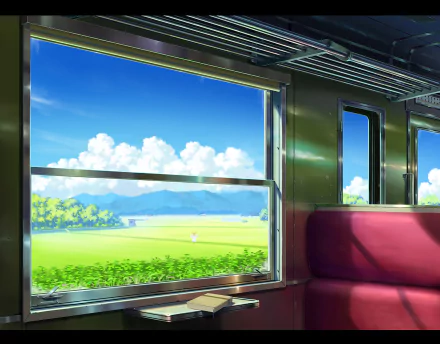 Anime-style HD wallpaper depicting a serene summer landscape viewed from a train window, featuring blue skies, fluffy clouds, green fields, and distant mountains.