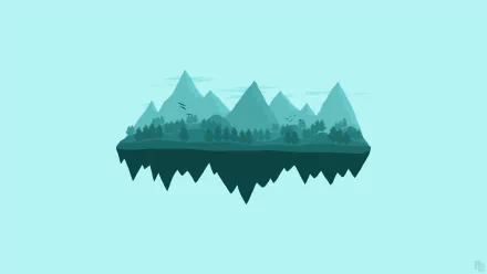 HD minimalist vector art of a mountain landscape with trees and birds, set against a light blue background, designed as a desktop wallpaper and background.