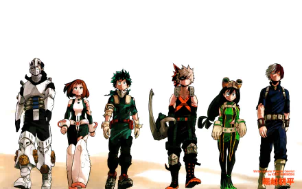HD wallpaper of My Hero Academia characters: Tenya Iida, Ochaco Uraraka, Izuku Midoriya, Katsuki Bakugou, Tsuyu Asui, and Shoto Todoroki, standing in a line against a white background.