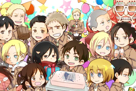 Chibi-style Attack on Titan characters including Eren Yeager, Mikasa Ackerman, Levi Ackerman, and more gathered in a festive scene with cake and decorations. HD anime desktop wallpaper and background.