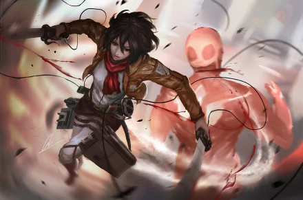 HD desktop wallpaper featuring Mikasa Ackerman from Attack on Titan, engaging in combat with the Colossal Titan in the background.