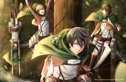 HD desktop wallpaper featuring a crossover of Free! characters Makoto Tachibana, Rei Ryūgazaki, Haruka Nanase, and Nagisa Hazuki dressed in Attack on Titan scout uniforms.
