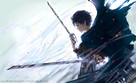 HD desktop wallpaper background featuring Eren Yeager from the anime Attack on Titan, depicted wielding two swords with an intense expression amidst a dynamic backdrop.
