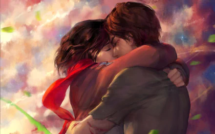 HD desktop wallpaper featuring Eren Yeager and Mikasa Ackerman from the anime Attack on Titan, embracing with a colorful sky background.