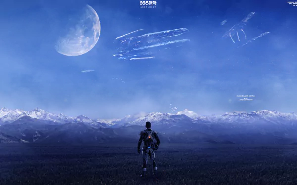 HD desktop wallpaper of Mass Effect: Andromeda showcasing a lone character standing in a vast field with mountains in the background and futuristic spacecrafts in the sky.