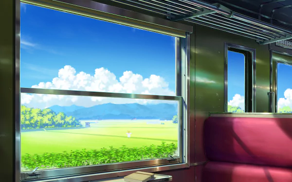 Anime-style HD wallpaper depicting a serene summer landscape viewed from a train window, featuring blue skies, fluffy clouds, green fields, and distant mountains.