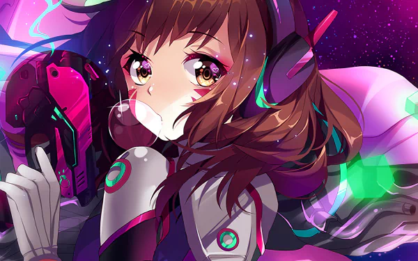 HD desktop wallpaper featuring D.Va, a character from the video game Overwatch. The vibrant artwork depicts D.Va in her signature outfit with a futuristic background.
