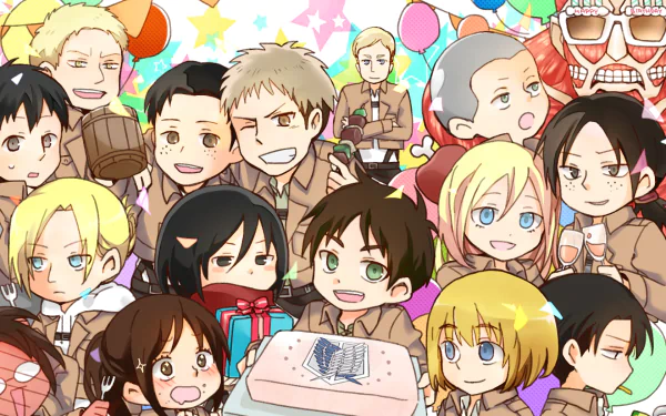 Chibi-style Attack on Titan characters including Eren Yeager, Mikasa Ackerman, Levi Ackerman, and more gathered in a festive scene with cake and decorations. HD anime desktop wallpaper and background.