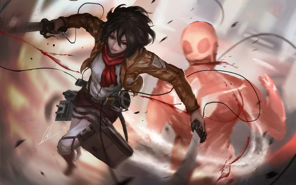 HD desktop wallpaper featuring Mikasa Ackerman from Attack on Titan, engaging in combat with the Colossal Titan in the background.