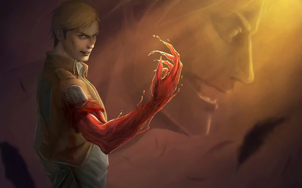 HD anime desktop wallpaper featuring Erwin Smith from Attack on Titan with a glowing, partially transformed arm and a shadowy titan face in the background.