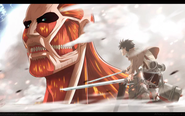 HD desktop wallpaper featuring Eren Yeager from Attack on Titan, depicting him in action with dual blades, with a colossal titan in the background enveloped in smoke and debris.