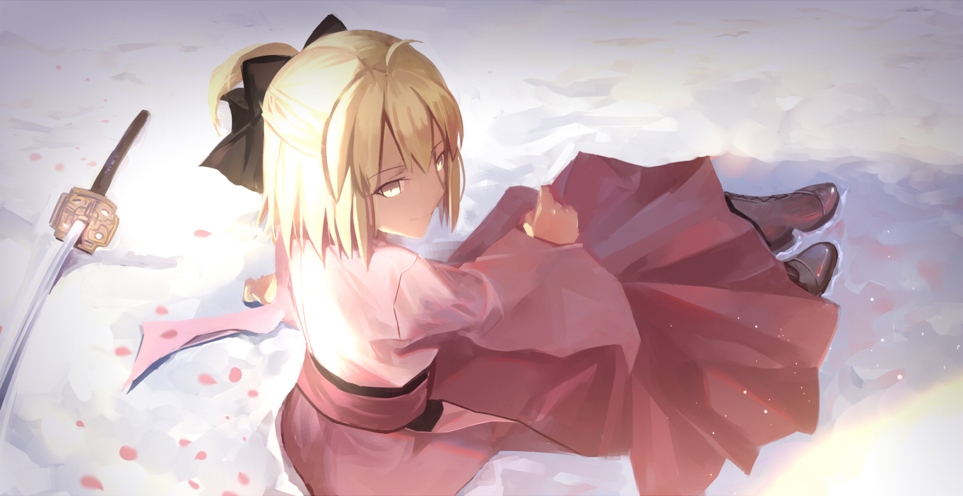 HD desktop wallpaper featuring Saber (Sakura Saber) from Fate/Grand Order, sitting in a snowy landscape with her sword beside her. Anime art style, tagged Fate Series, Anime, Fate/Grand Order.