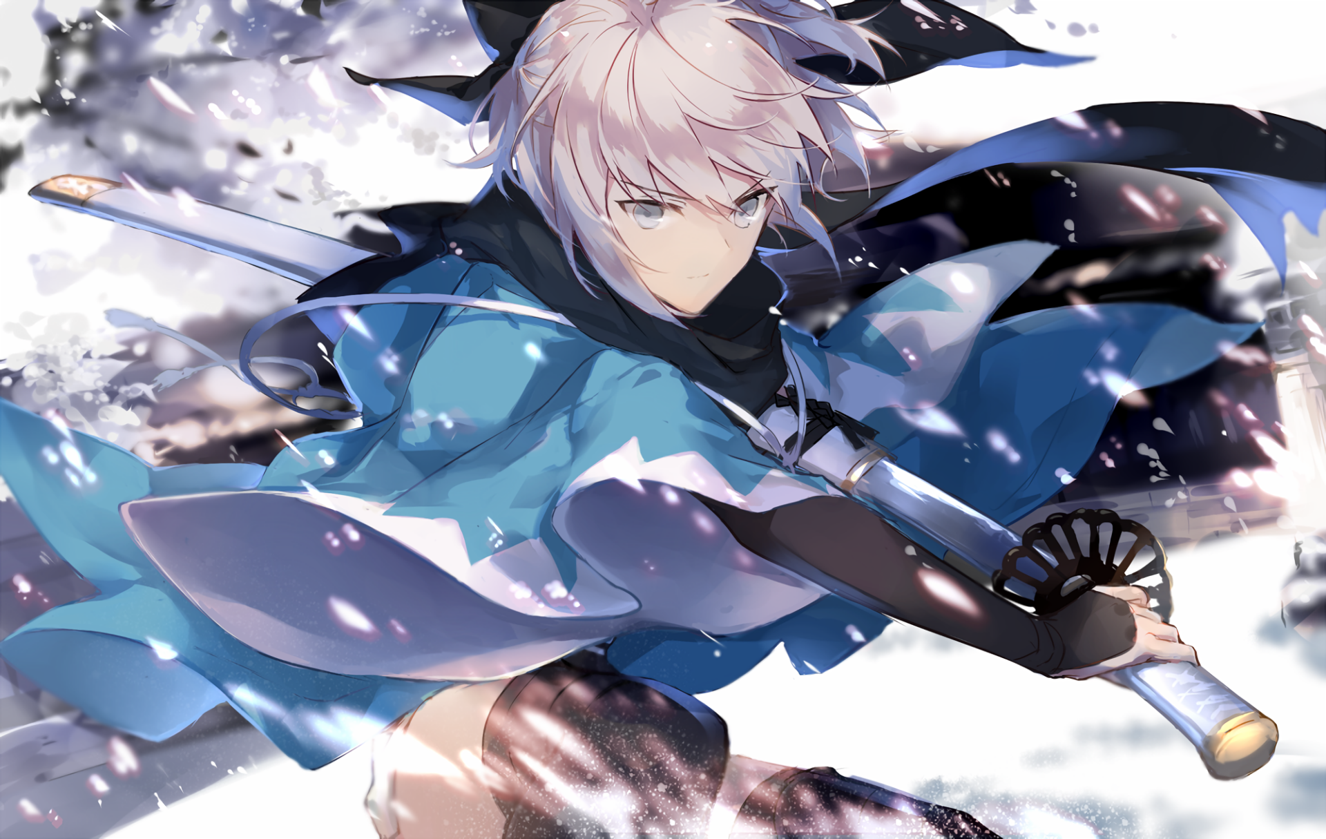 Anime HD wallpaper featuring Sakura Saber from the Fate Series, depicted with a katana in a dynamic pose, surrounded by a backdrop of swirling snow and flowing blue attire.