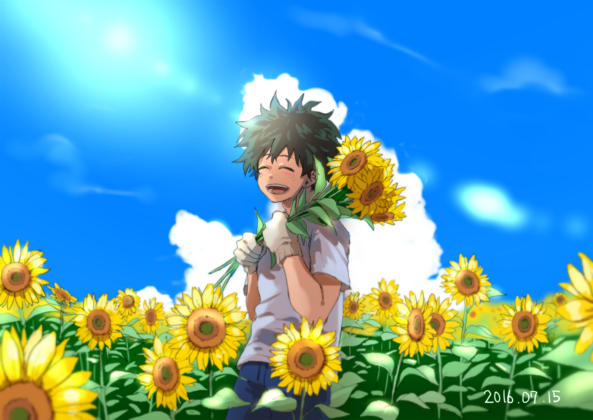 Izuku Midoriya from My Hero Academia smiling in a vibrant sunflower field under a bright blue sky, featured in an HD PC desktop wallpaper.
