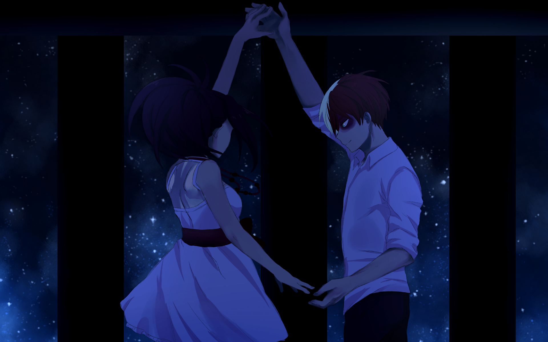 Shoto Todoroki and Momo Yaoyorozu from My Hero Academia, elegantly poised under a starlit sky in this HD desktop wallpaper.