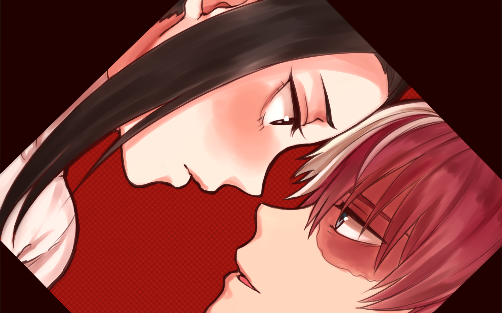 HD wallpaper of Shoto Todoroki and Momo Yaoyorozu from My Hero Academia in a close-up face-to-face moment, set against a red background.