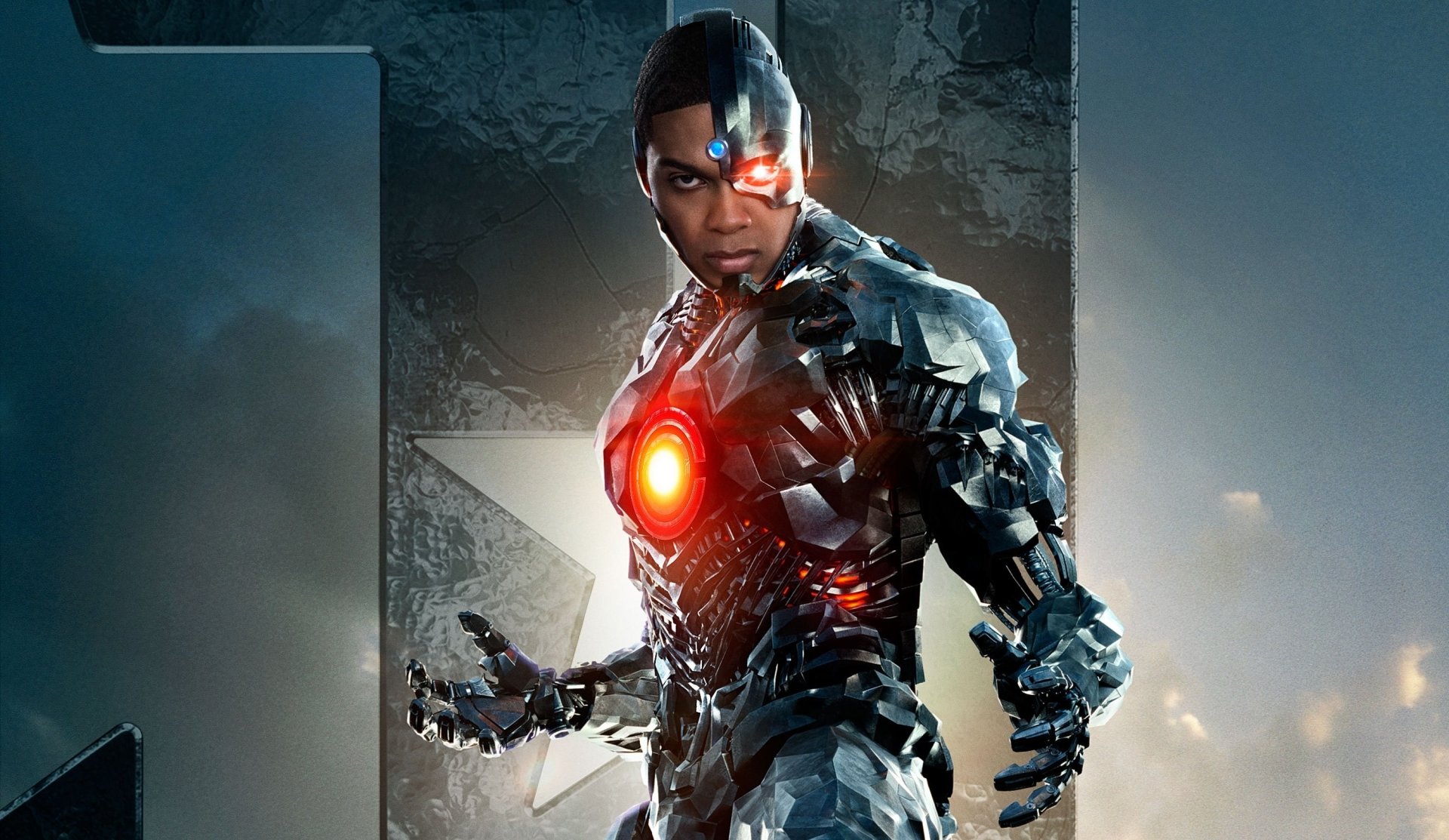 HD desktop wallpaper featuring Ray Fisher as Victor Stone in his Cyborg suit from the Justice League movie, showcasing advanced cybernetic armor and glowing red core.