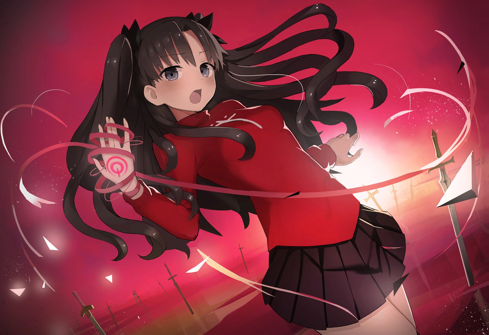 HD PC desktop wallpaper featuring Rin Tohsaka from Fate/Stay Night: Unlimited Blade Works, depicted with dynamic red and black tones and magical effects.