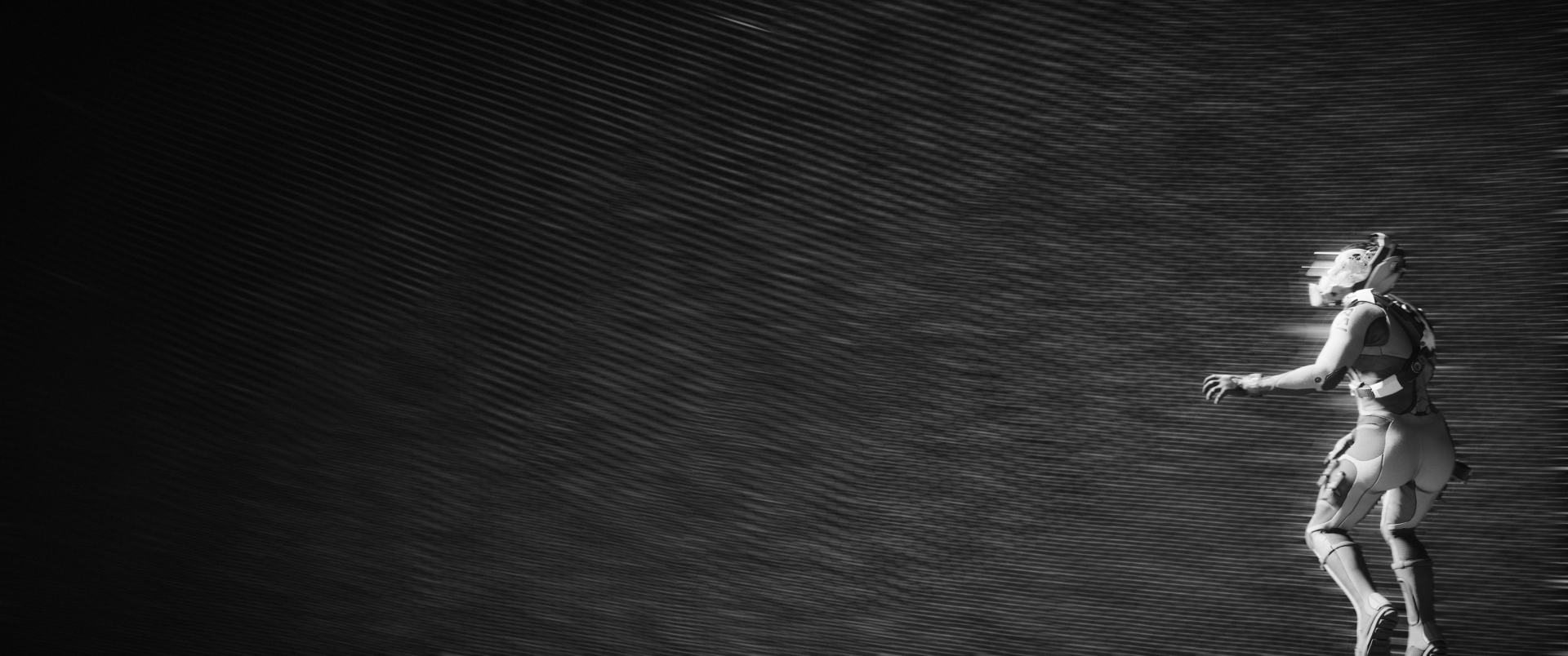 Monochrome 2K Quad HD PC desktop wallpaper: Star Citizen video game astronaut in a space suit drifts at the right edge against a textured cosmic void.