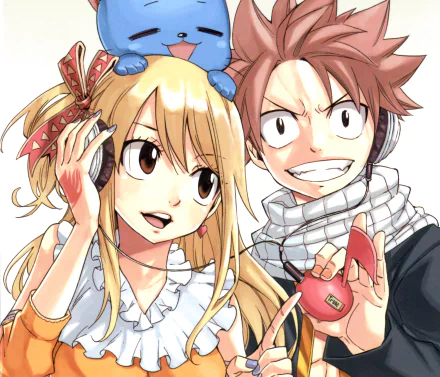 Anime HD wallpaper featuring Lucy Heartfilia and Natsu Dragneel from Fairy Tail, with Happy subtly visible, showcasing vibrant colors and detailed character designs.