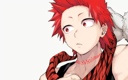 HD PC desktop wallpaper featuring Eijiro Kirishima from the anime My Hero Academia with his signature red hair and intense expression on a light background.