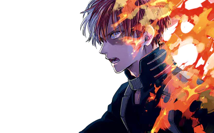 HD desktop wallpaper featuring Shoto Todoroki from My Hero Academia, showcasing his fiery half in a powerful, dynamic pose.