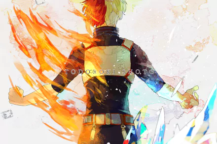 HD desktop wallpaper featuring Shoto Todoroki from the anime My Hero Academia, showcasing an artful depiction of his fiery and icy abilities in a dynamic and vibrant scene.