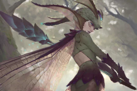 A fantasy fairy with pointed ears, aqua eyes, and translucent wings, set against a misty forest background in HD.