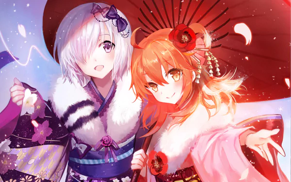 HD desktop wallpaper featuring Shielder from Fate/Grand Order in an anime-style artwork. Shielder stands with another character, both dressed in traditional attire, holding an umbrella with a vibrant, festive background.