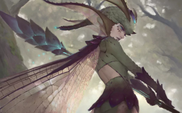 A fantasy fairy with pointed ears, aqua eyes, and translucent wings, set against a misty forest background in HD.