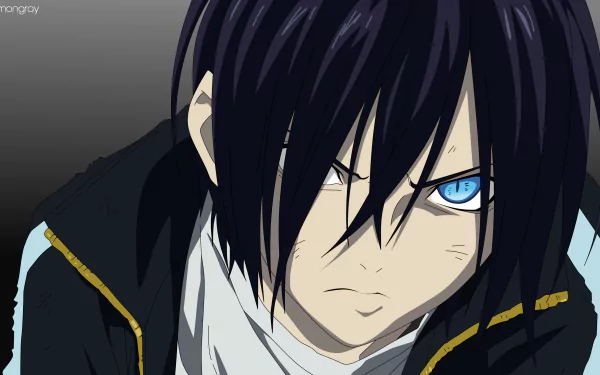 HD desktop wallpaper featuring Yato from the anime Noragami, with a determined expression and dark hair covering one eye.