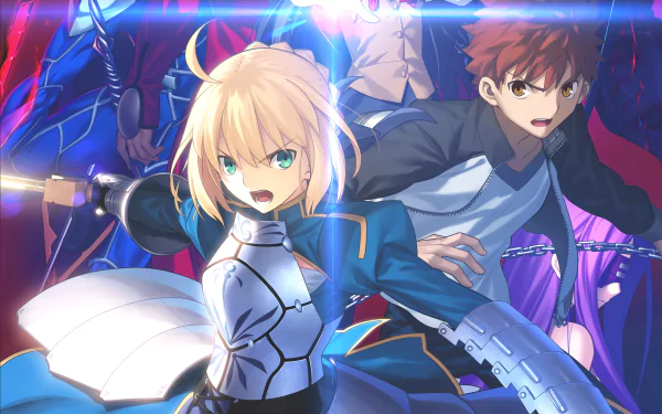 HD PC desktop wallpaper featuring Shirou Emiya and Saber from the anime Fate/Stay Night: Unlimited Blade Works, showcasing dynamic action poses and vibrant colors.