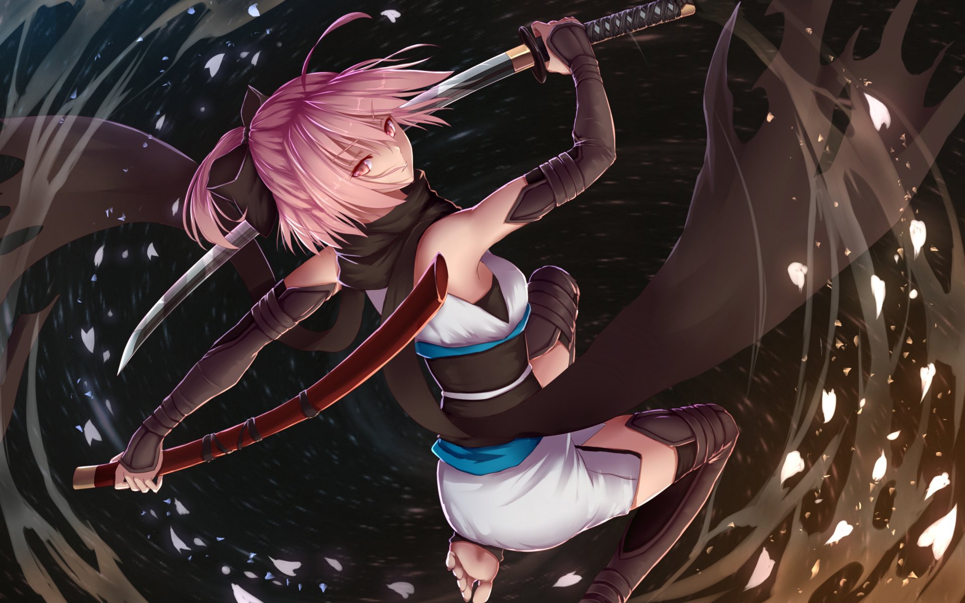 HD desktop wallpaper featuring Okita Souji, also known as Sakura Saber, from the Fate series. She wields a katana with fierce determination, against a dynamic swirling background.