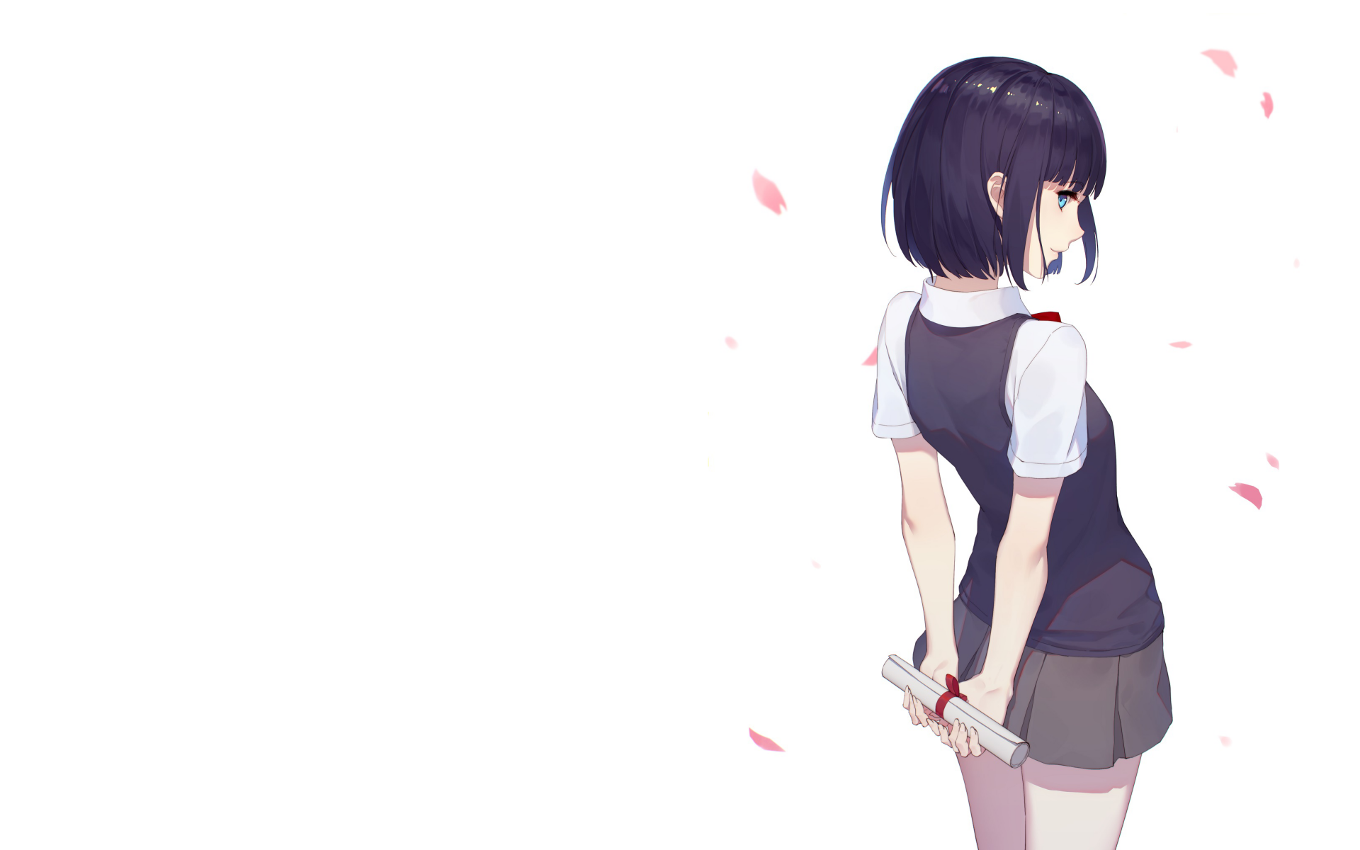 HD desktop wallpaper of Hanabi Yasuraoka from the anime Kuzu no Honkai, featuring her with short dark hair, holding a rolled-up document, and surrounded by falling cherry blossom petals.