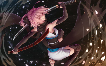 HD desktop wallpaper featuring Okita Souji, also known as Sakura Saber, from the Fate series. She wields a katana with fierce determination, against a dynamic swirling background.
