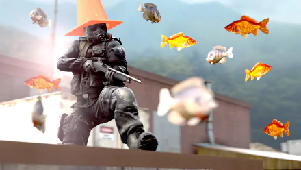 HD wallpaper of Counter-Strike: Global Offensive featuring a soldier with a traffic cone on his head surrounded by floating fish, set against a mountainous background.