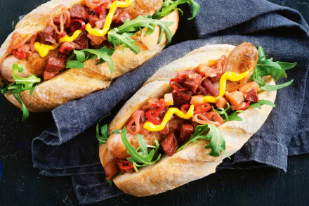 2K Quad HD PC desktop wallpaper/background showing two loaded hot dog sandwiches on crusty rolls with arugula, diced tomato/chili, and zigzag mustard.