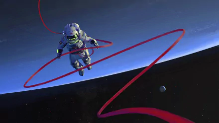 A Sci-Fi HD desktop wallpaper featuring an astronaut floating in space, connected to a planet by a red tether, with a distant star and a small planet in the background.