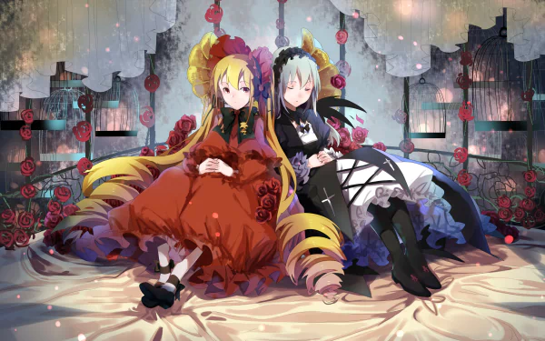A 4K Ultra HD anime wallpaper featuring Suigintou and Shinku from Rozen Maiden, set in a detailed, atmospheric background with roses and ornate decor.
