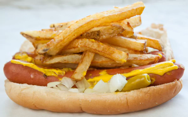 HD desktop wallpaper featuring a close-up of a hot dog topped with chopped onions and mustard, loaded with crispy french fries.