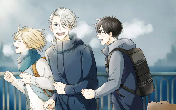 HD wallpaper featuring Yuri Plisetsky, Victor Nikiforov, and Yuuri Katsuki from the anime Yuri!!! on ICE, showing them enjoying a moment together, dressed warmly and exhaling visible breaths on a chilly day.