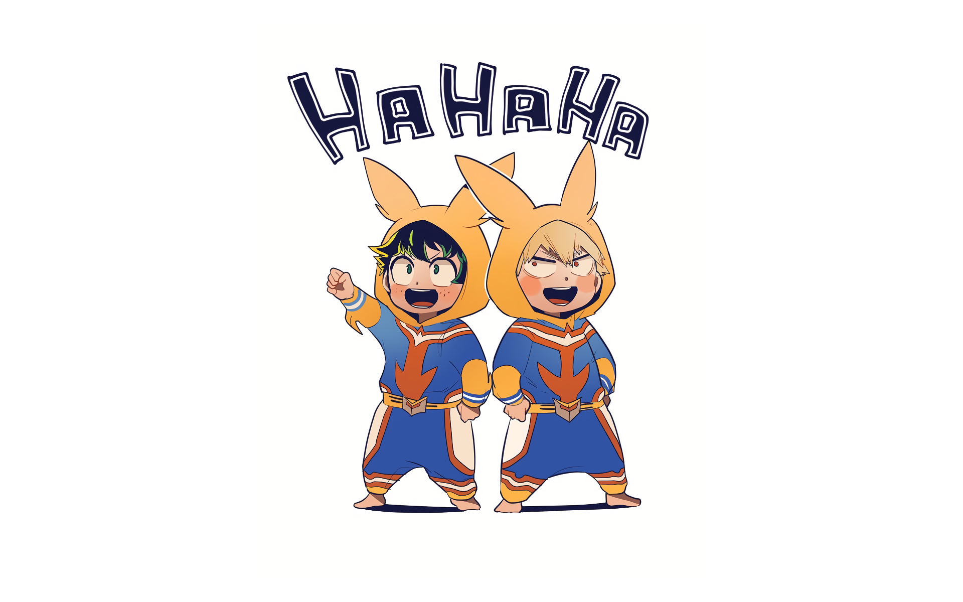 Chibi versions of Izuku Midoriya and Katsuki Bakugou from My Hero Academia, wearing cute hero costumes with bunny ears, smiling and laughing with Hahaha written above them. HD desktop wallpaper.