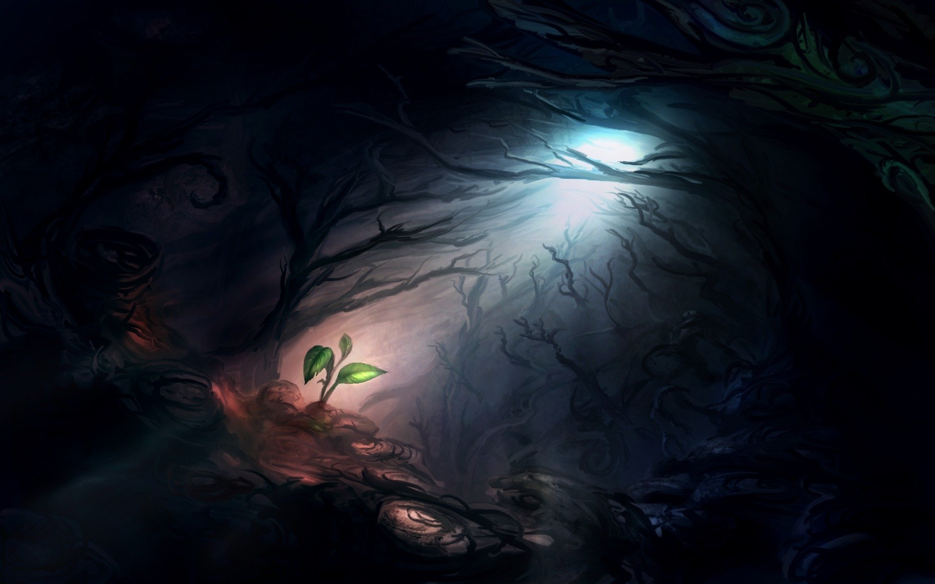 A dark fantasy scene with twisted branches and a single green plant illuminated by a soft sunbeam, creating a mystical atmosphere in this HD desktop wallpaper.