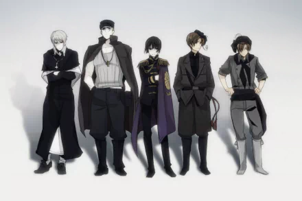 HD PC desktop wallpaper featuring five characters from the anime Hetalia Axis Powers, dressed in dark, modern military-style outfits against a light background.