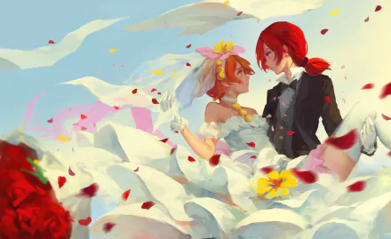 4K Ultra HD PC desktop wallpaper of Love Live! anime characters Maki Nishikino and Rin Hoshizora — Rin in a flowing white wedding dress and veil, Maki in a black suit among falling rose petals.
