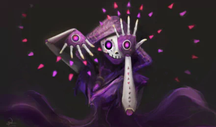 HD desktop wallpaper featuring Sombra from the video game Overwatch, displaying a stylized, vibrant, and abstract design with purple hues and glowing elements.