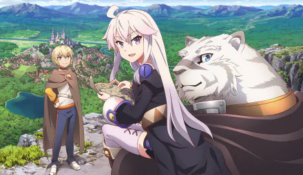 HD desktop wallpaper featuring Albus, Mercenary, and Zero from the anime Grimoire of Zero, set against a picturesque landscape with a castle, village, and mountains in the background.