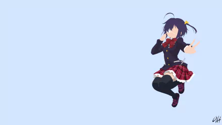 Minimalist HD wallpaper featuring Rikka Takanashi from the anime Love, Chunibyo & Other Delusions. She is wearing an eye patch, a bow, thigh highs, and a skirt, posing with a peace sign against a light blue background.