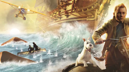 HD PC desktop wallpaper featuring a dynamic scene from the movie The Adventures of Tintin with Tintin, his dog, and intense ocean waves.